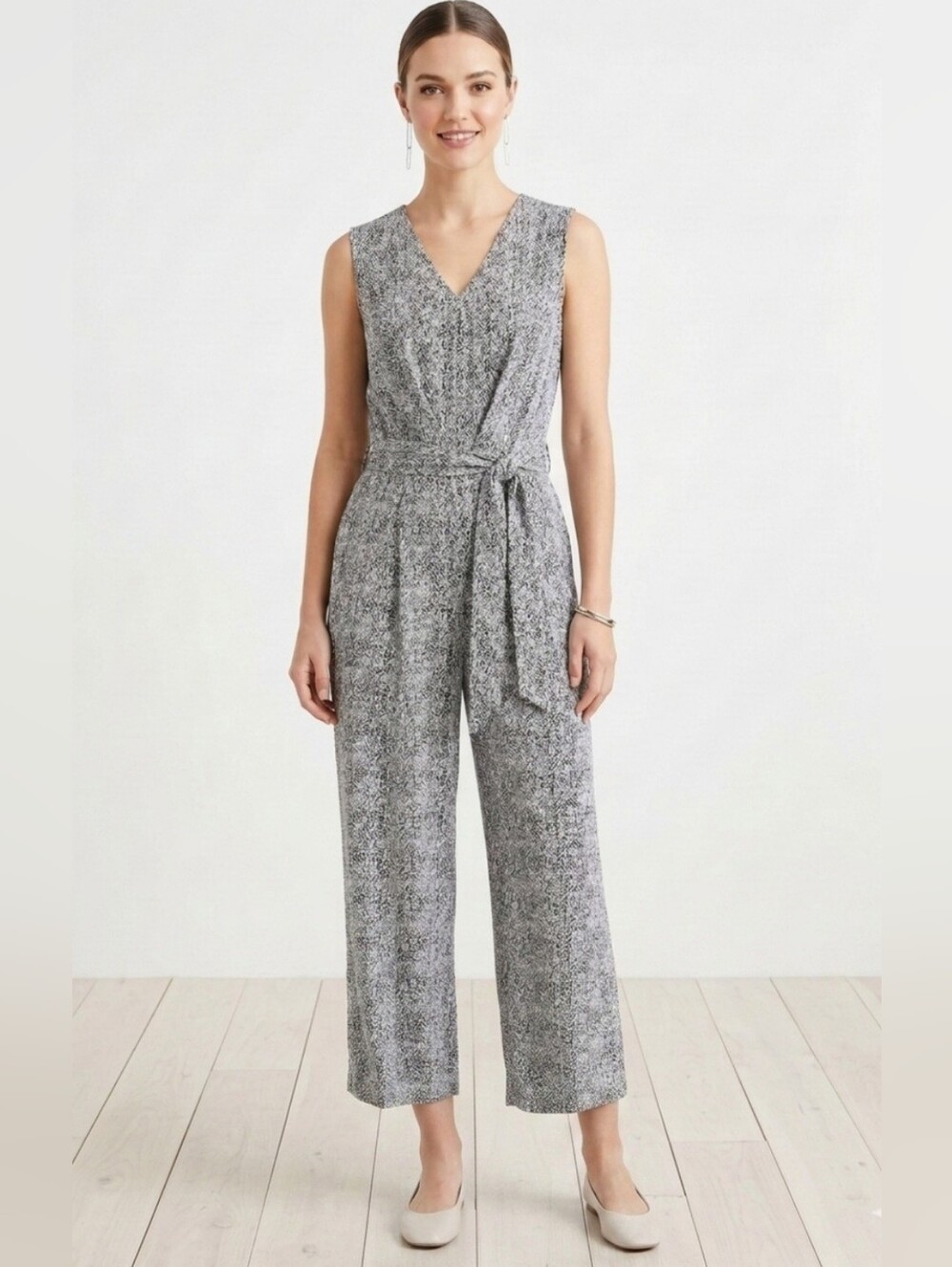 Apt. 9 Gray & White Sleeveless V-Neck Flowy Summer Pant Jumpsuit Jumper Large